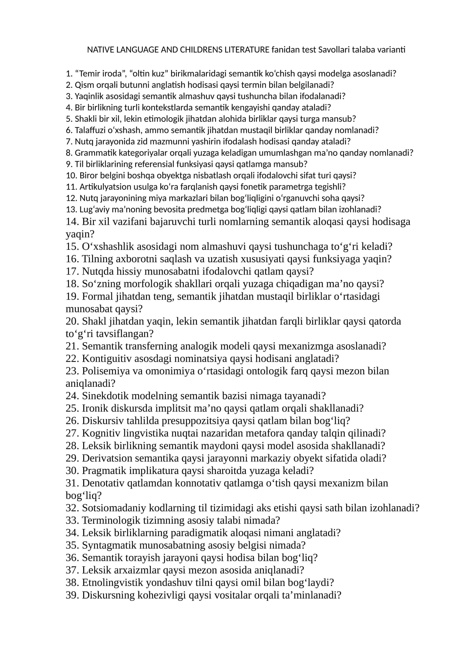 NATIVE LANGUAGE AND CHILDRENS LITERATURE fanidan test Savollari talaba varianti 1