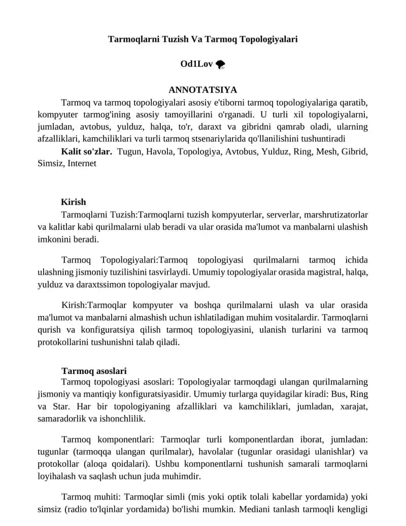Tarmoqlarni Tuzish Va Tarmoq Topologiyalari 1