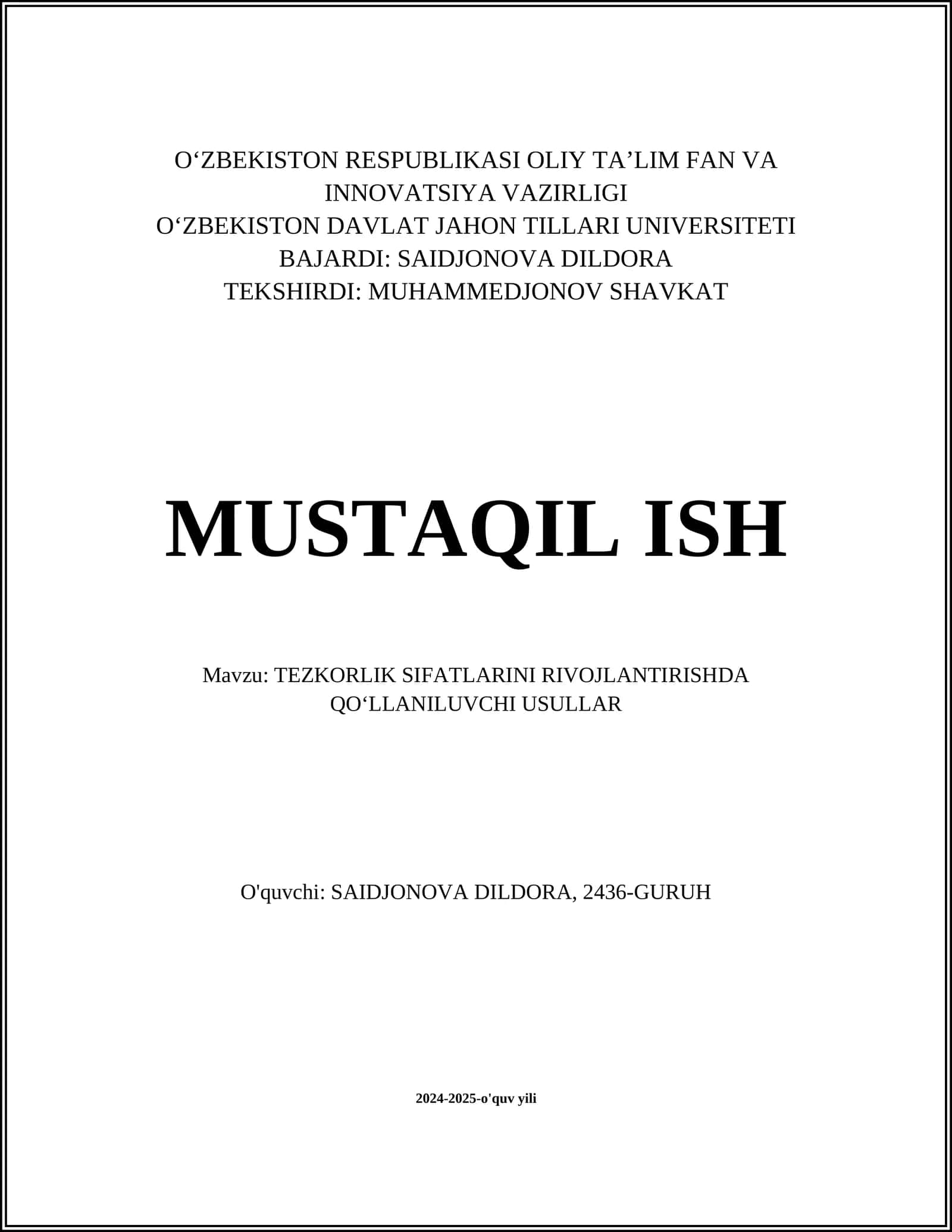 TEZKORLIK SIFATLARINI RIVOJLANTIRISHDA QOʻLLANILUVCHI USULLAR 1