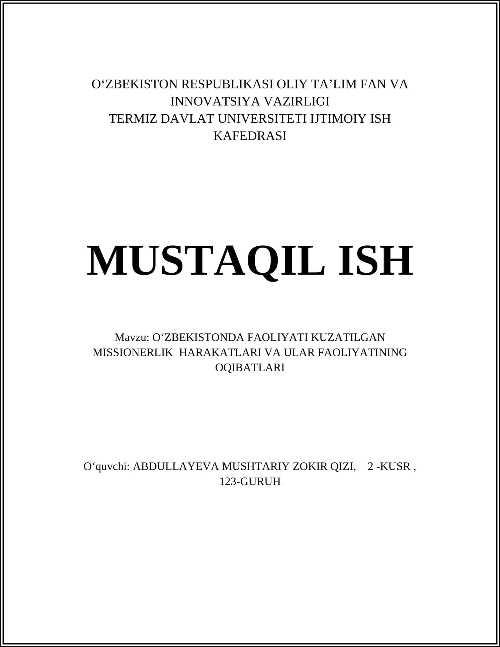 O‘ZBEKISTONDA FAOLIYATI KUZATILGAN MISSIONERLIK HARAKATLARI VA ULAR FAOLIYATINING OQIBATLARI 1