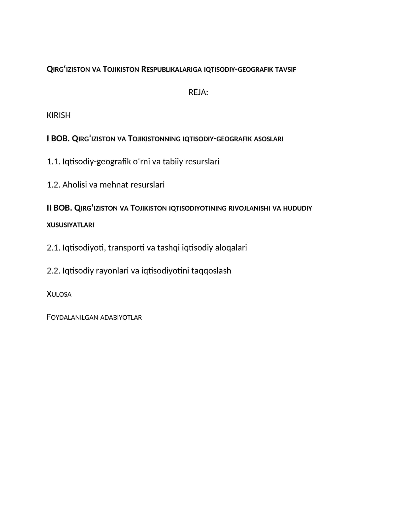 Qirgʻiziston va Tojikiston Respublikalariga iqtisodiy-geografik tavsif 1