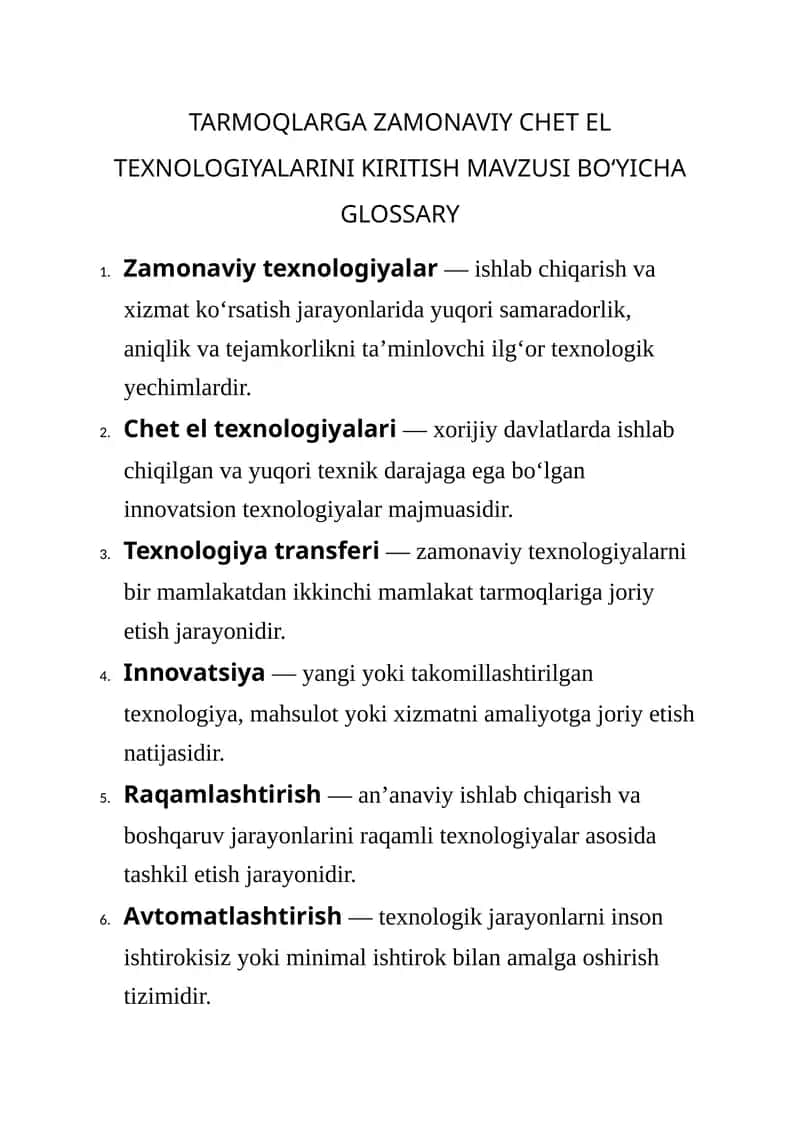 TARMOQLARGA ZAMONAVIY CHET EL TEXNOLOGIYALARINI KIRITISH MAVZUSI 1
