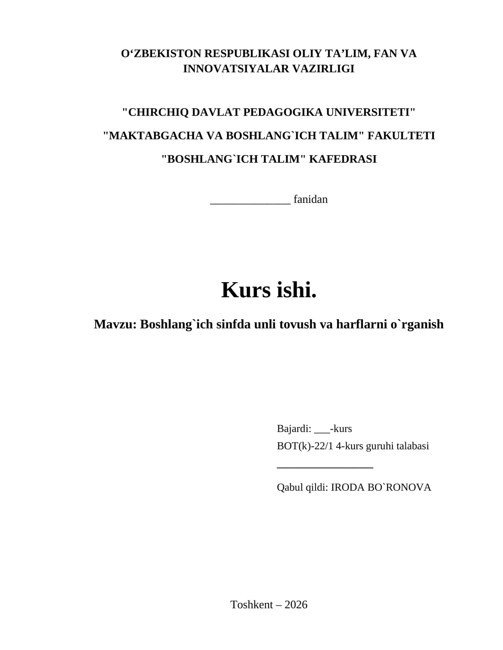 Boshlang`ich sinfda unli tovush va harflarni o`rganish 1