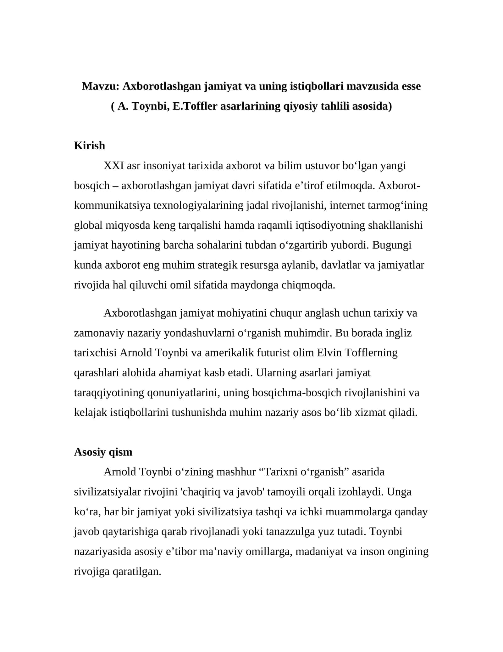 Axborotlashgan jamiyat va uning istiqbollari mavzusida esse ( A. Toynbi, E.Toffler asarlarining qiyosiy tahlili asosida) 1