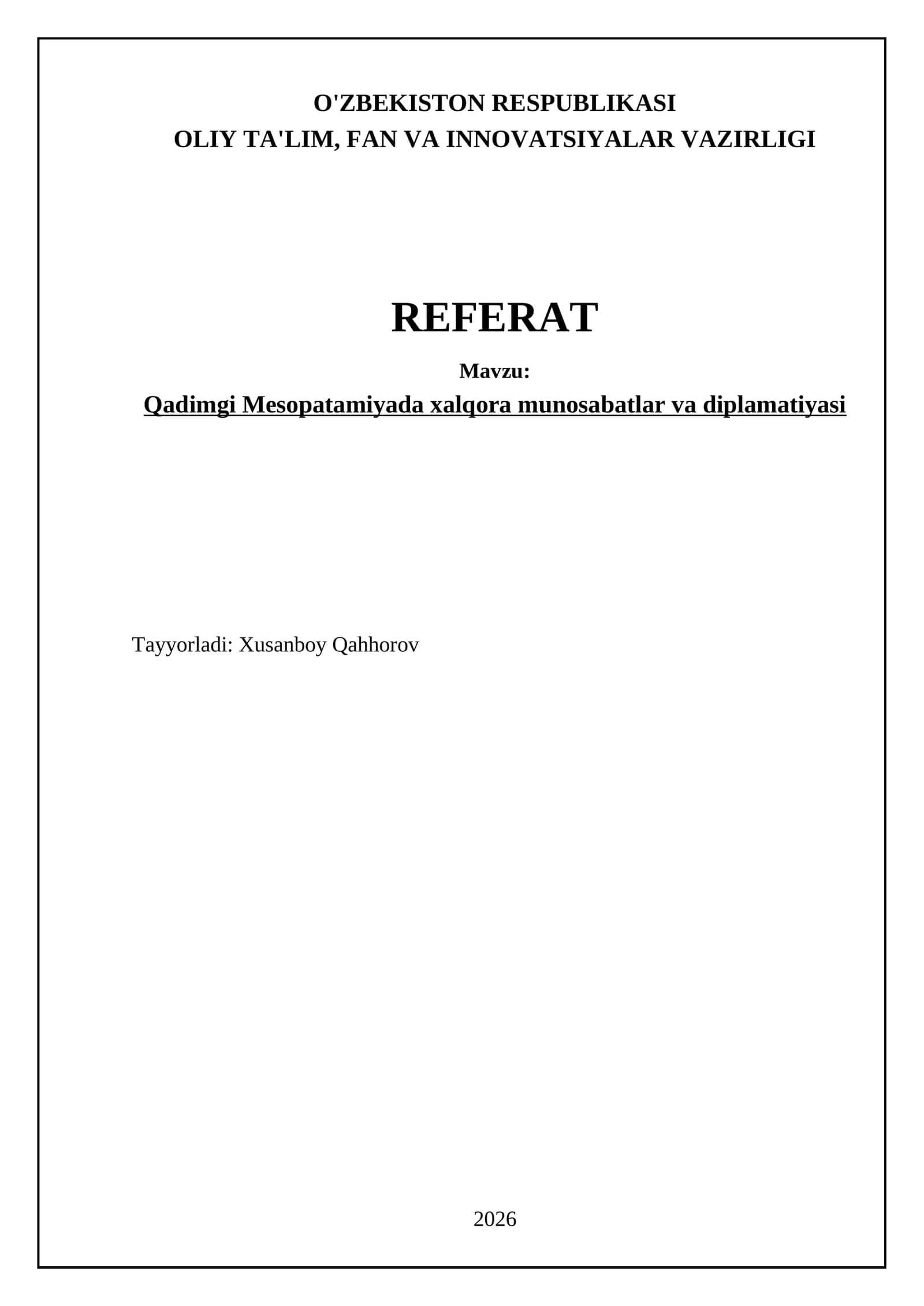 Qadimgi Mesopatamiyada xalqora munosabatlar va diplamatiyasi 1