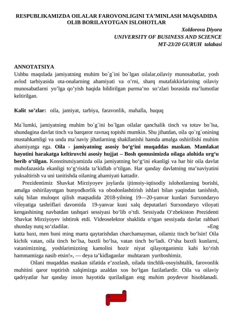 RESPUBLIKAMIZDA OILALAR FAROVONLIGINI TA’MINLASH MAQSADIDA OLIB BORILAYOTGAN ISLOHOTLAR 1