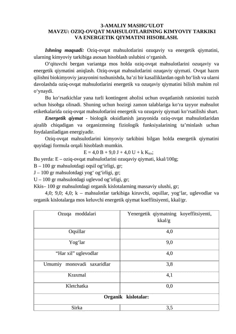 OZIQ-OVQAT MAHSULOTLARINING KIMYOVIY TARKIKI VA ENERGETIK QIYMATINI HISOBLASH 1