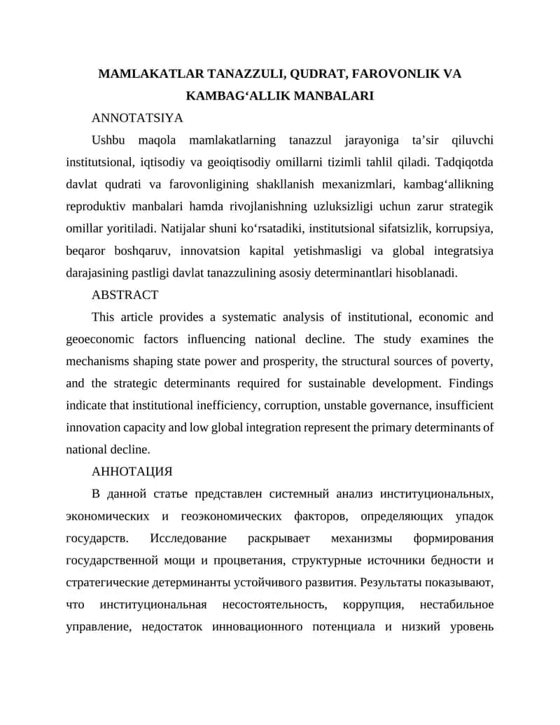 MAMLAKATLAR TANAZZULI, QUDRAT, FAROVONLIK VA KAMBAG‘ALLIK MANBALARI 1