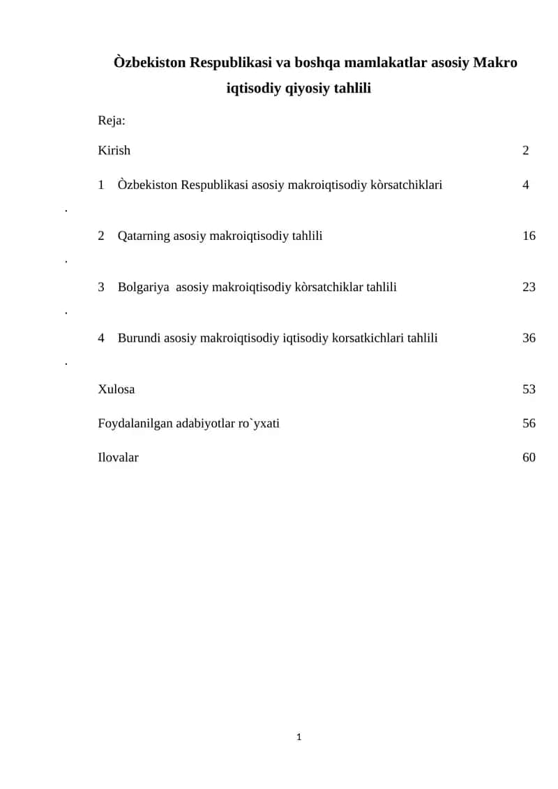 Òzbekiston Respublikasi va boshqa mamlakatlar asosiy Makro iqtisodiy qiyosiy tahlili 1
