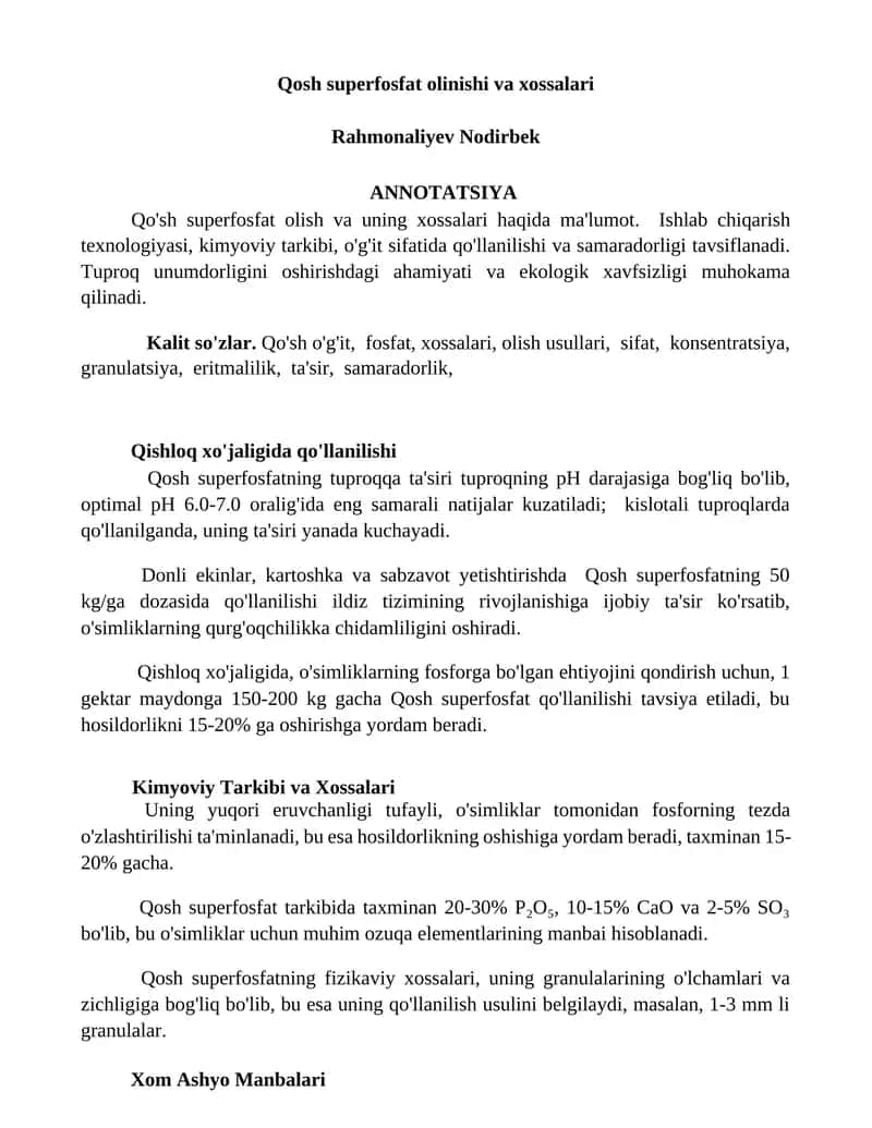 Qosh superfosfat olinishi va xossalari 1