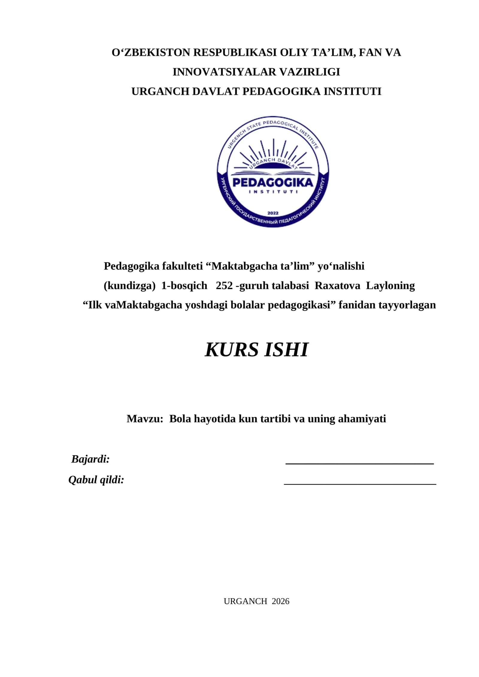 Bola hayotida kun tartibi va uning ahamiyati 1