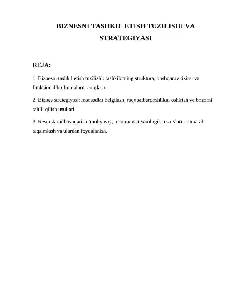 Biznesni Tashkil Etish Tuzilishi va Strategiyasi