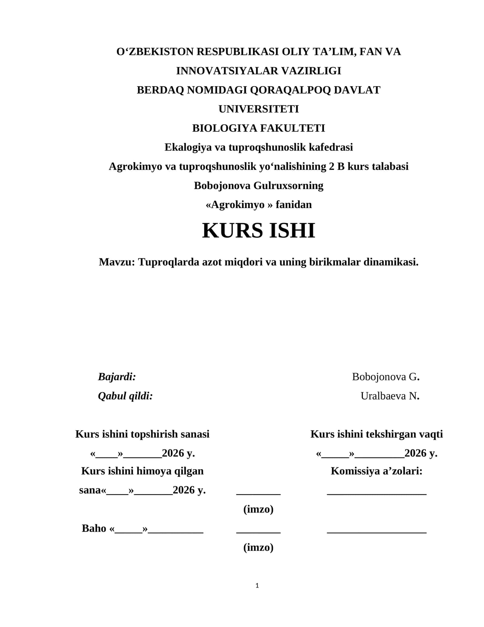 Tuproqlarda azot miqdori va uning birikmalar dinamikasi 1
