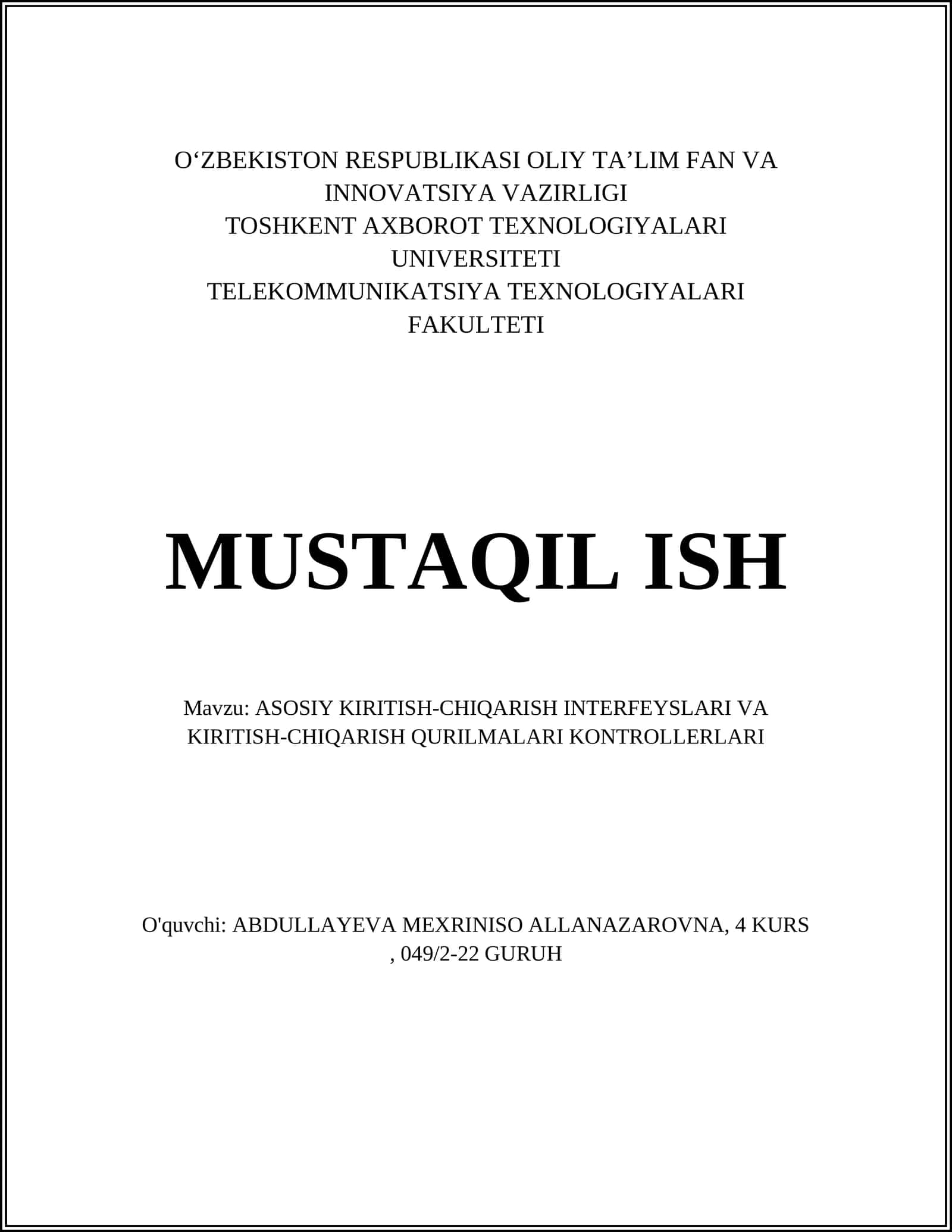 KIRITISH-CHIQARISH INTERFEYSLARI VA KIRITISH-CHIQARISH QURILMALARI KONTROLLERLARI 1