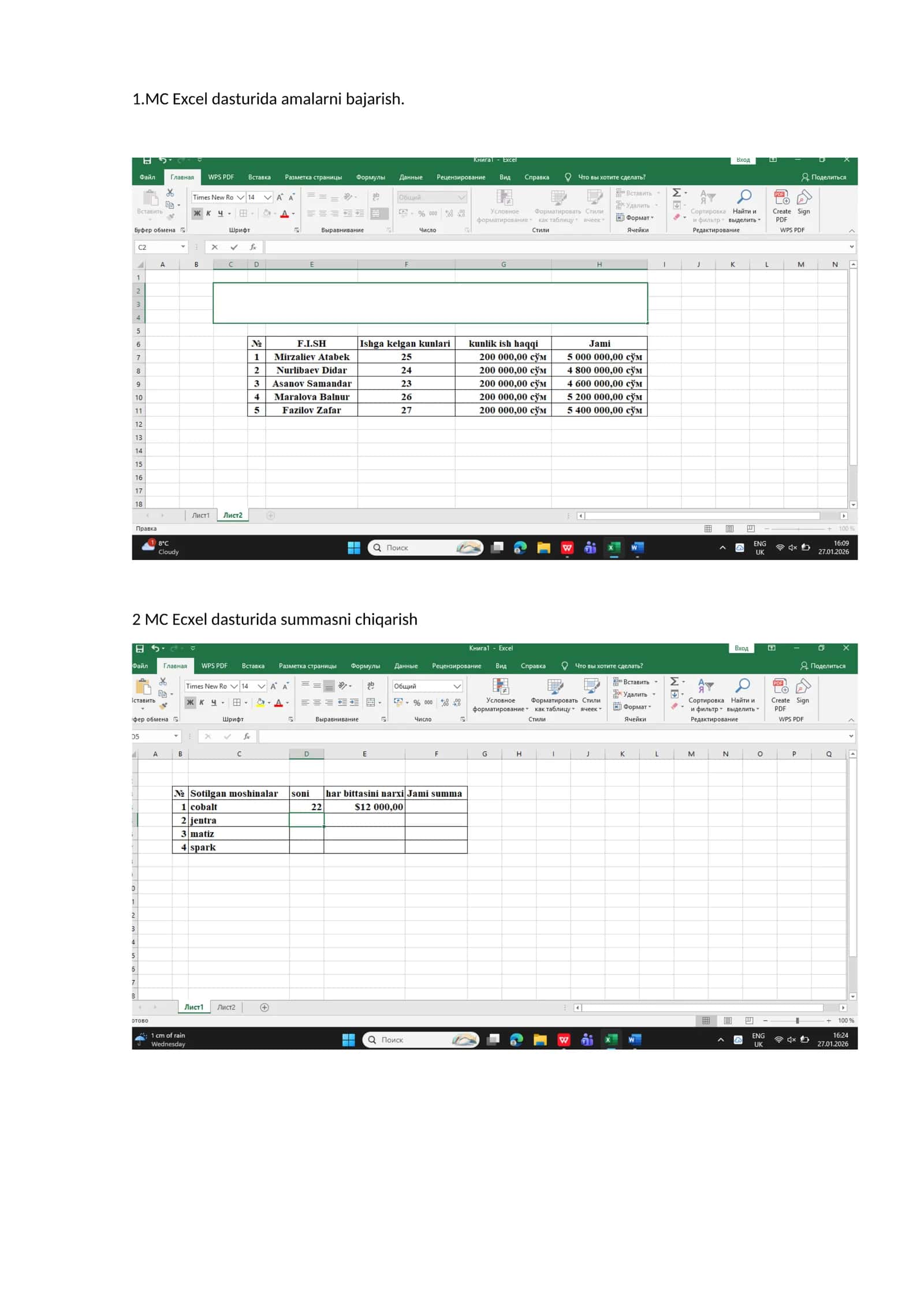 MC Excel dasturida amalarni bajarish va diogrammasini chiqarish 1