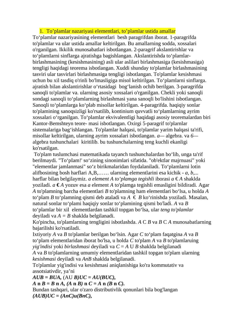To'plamlar nazariyasi elementlari, to'plamlar ustida amallar 1