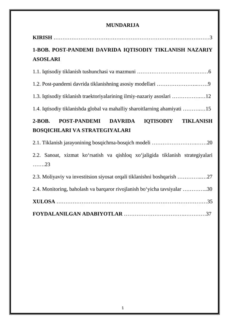 Bob. Post-pandemi davrida iqtisodiy tiklanish nazariy asoslari 1