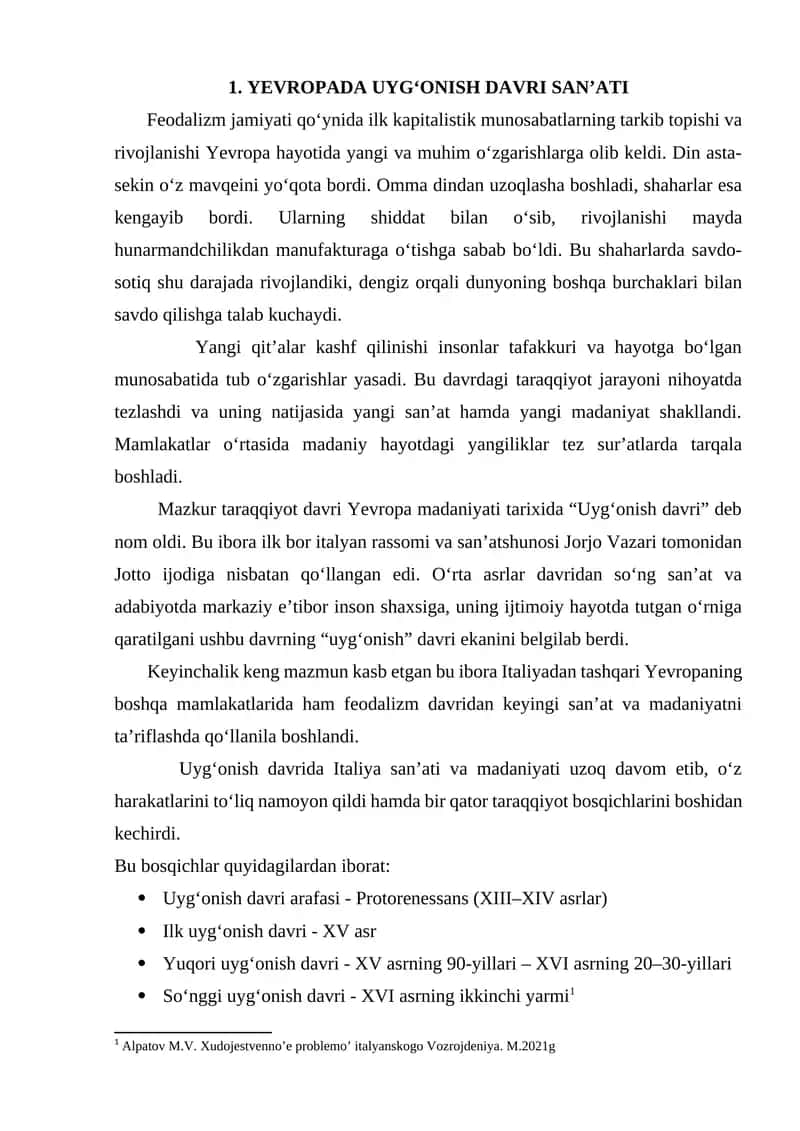 YEVROPADA UYG‘ONISH DAVRI SAN’ATI 1