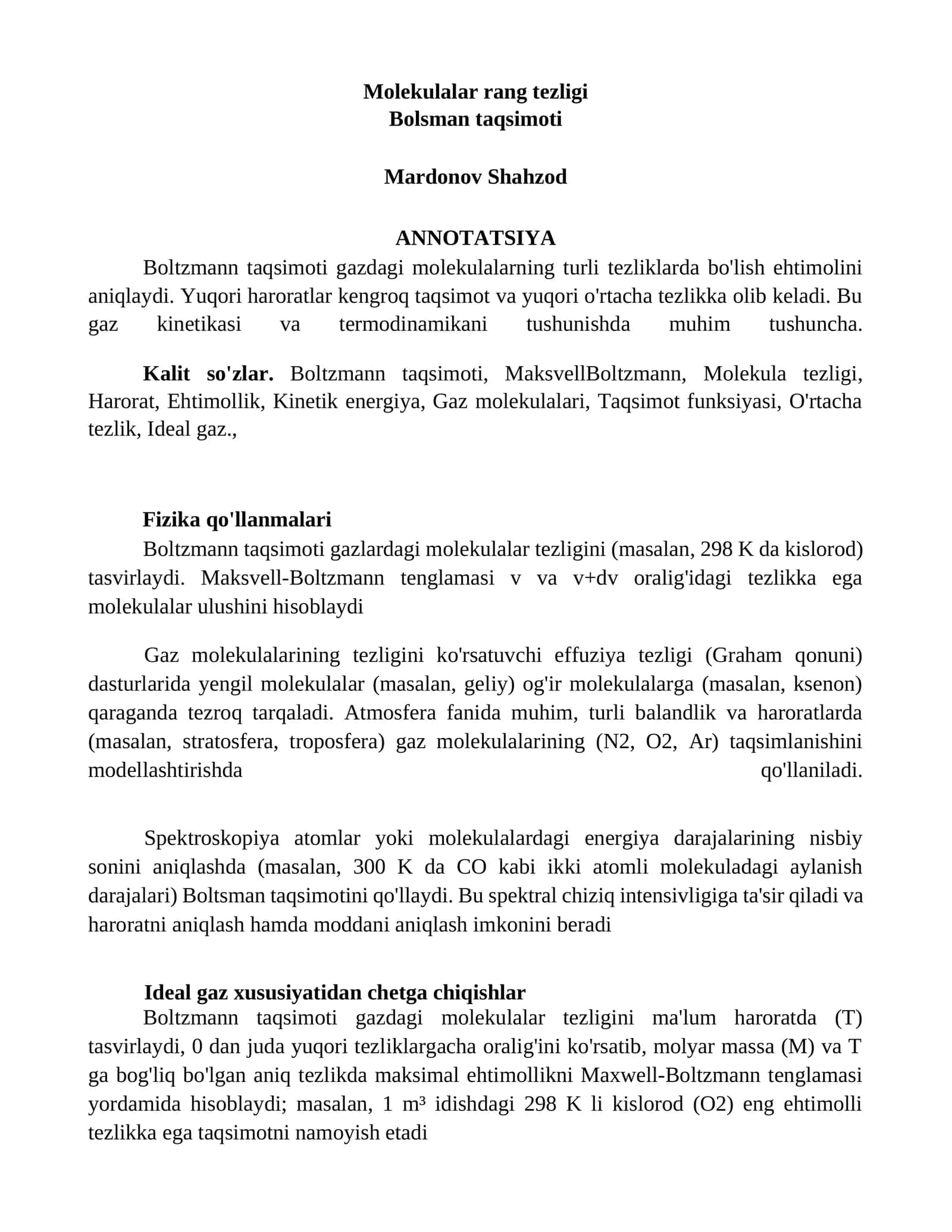 Molekulalar rang tezligi 1