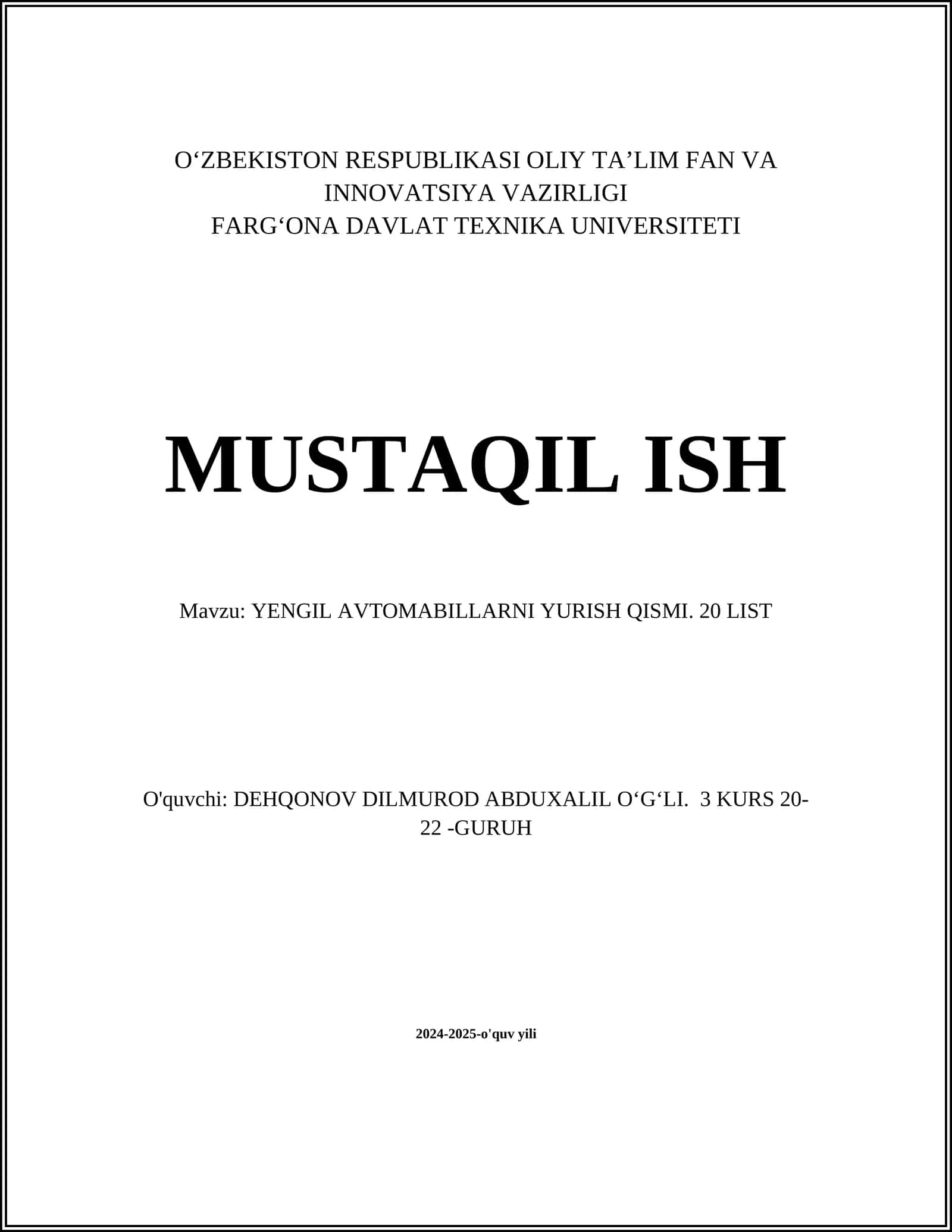 YENGIL AVTOMABILLARNI YURISH QISMI 1