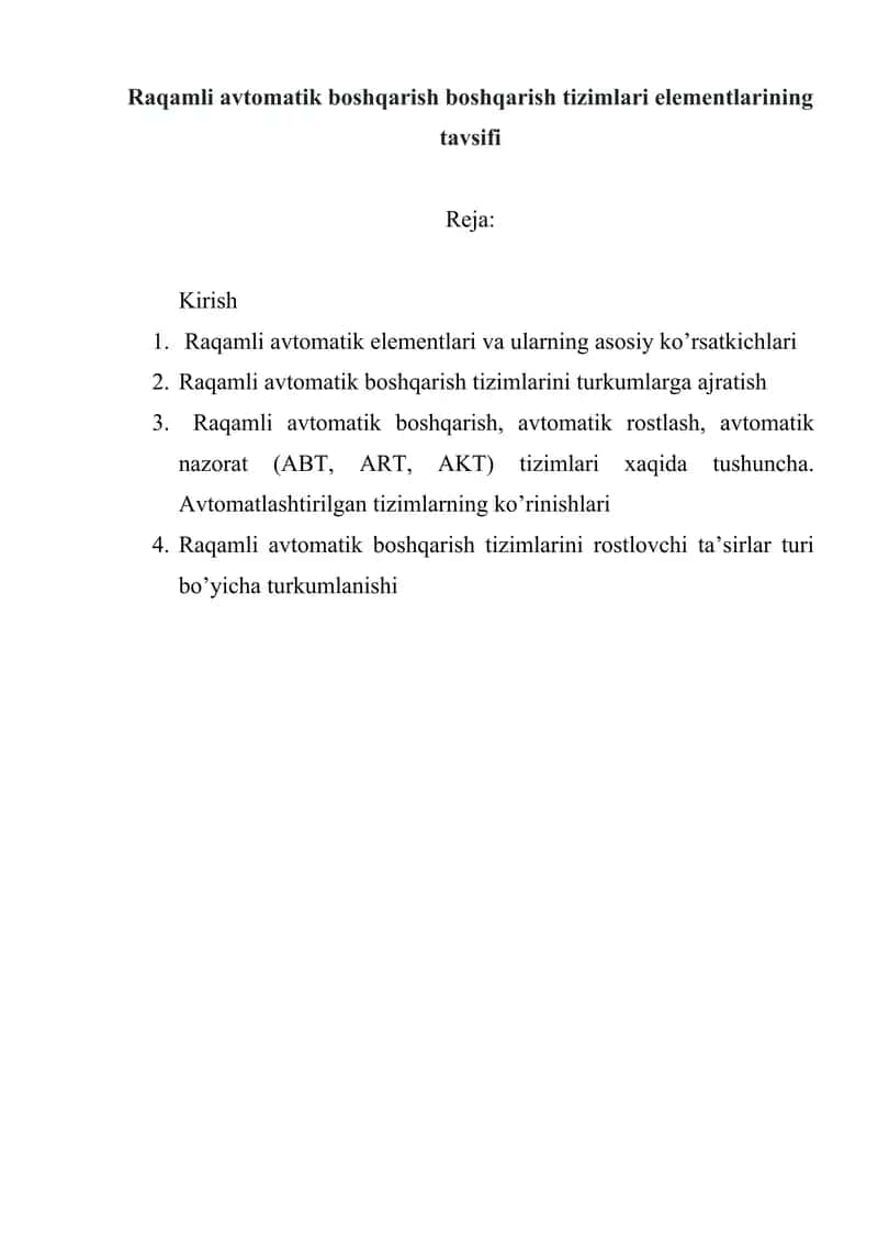 Raqamli avtomatik boshqarish boshqarish tizimlari elementlarining tavsifi 1