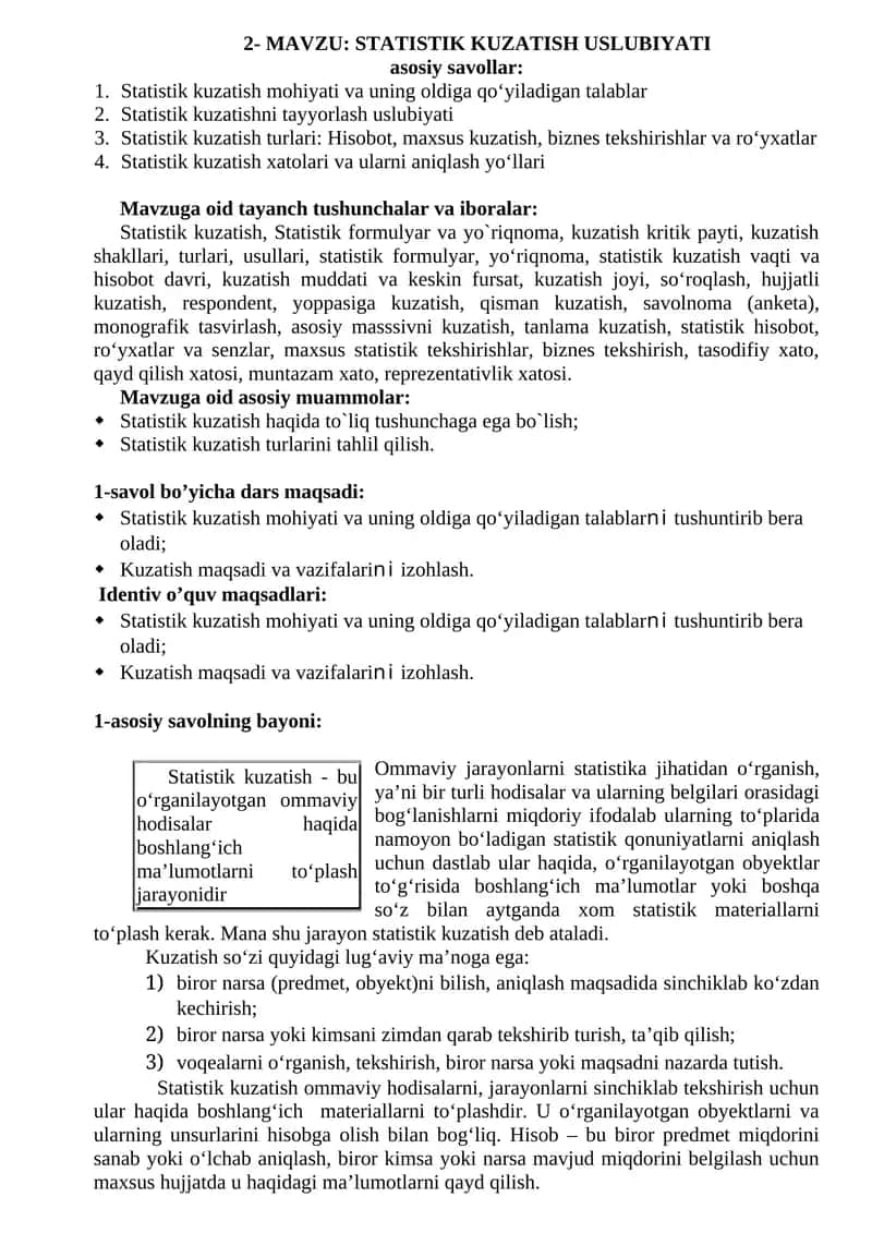 STATISTIK KUZATISH USLUBIYATI 1