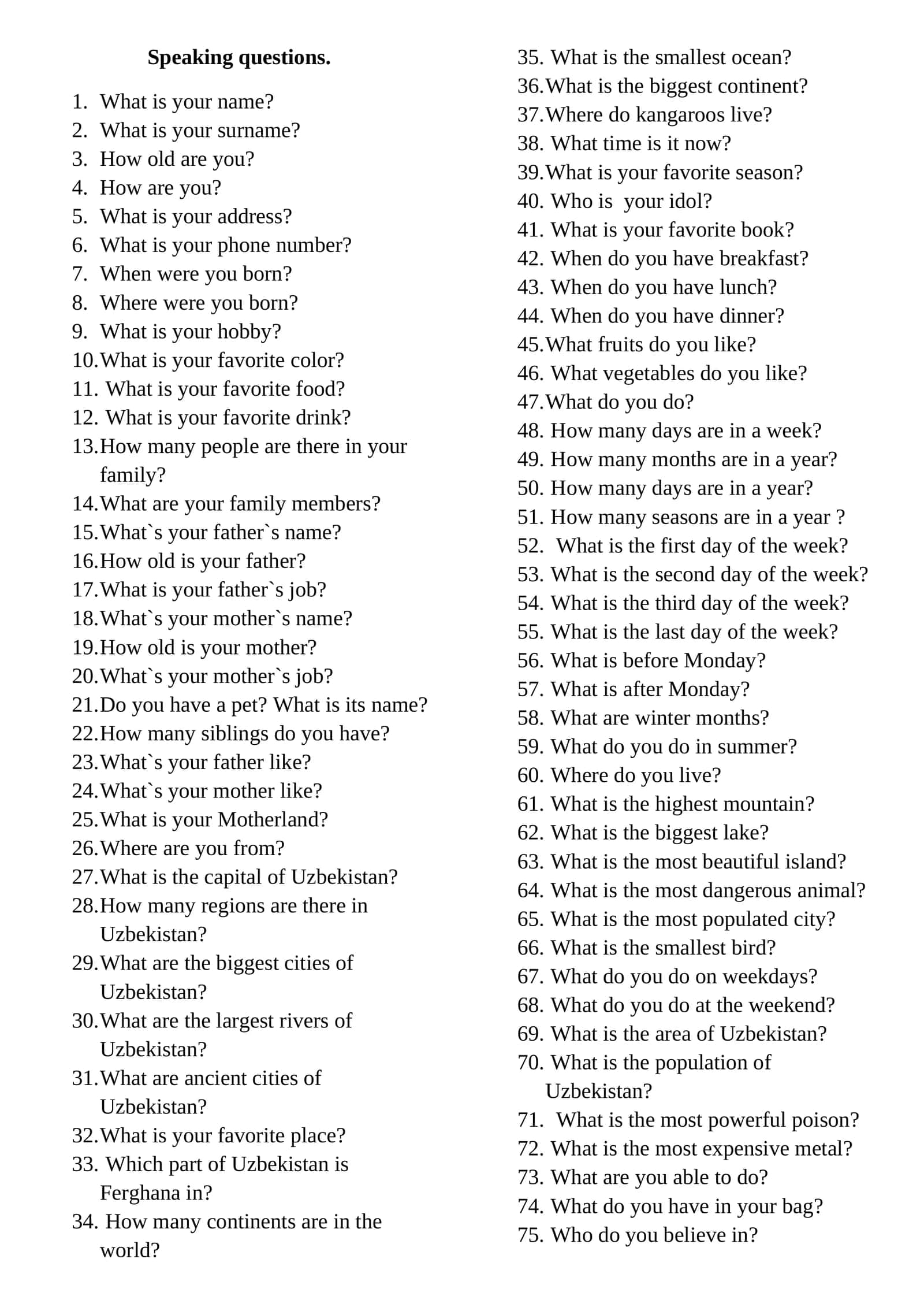 Speaking Questions 1