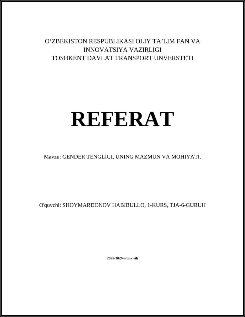 GENDER TENGLIGI, UNING MAZMUN VA MOHIYATI 1