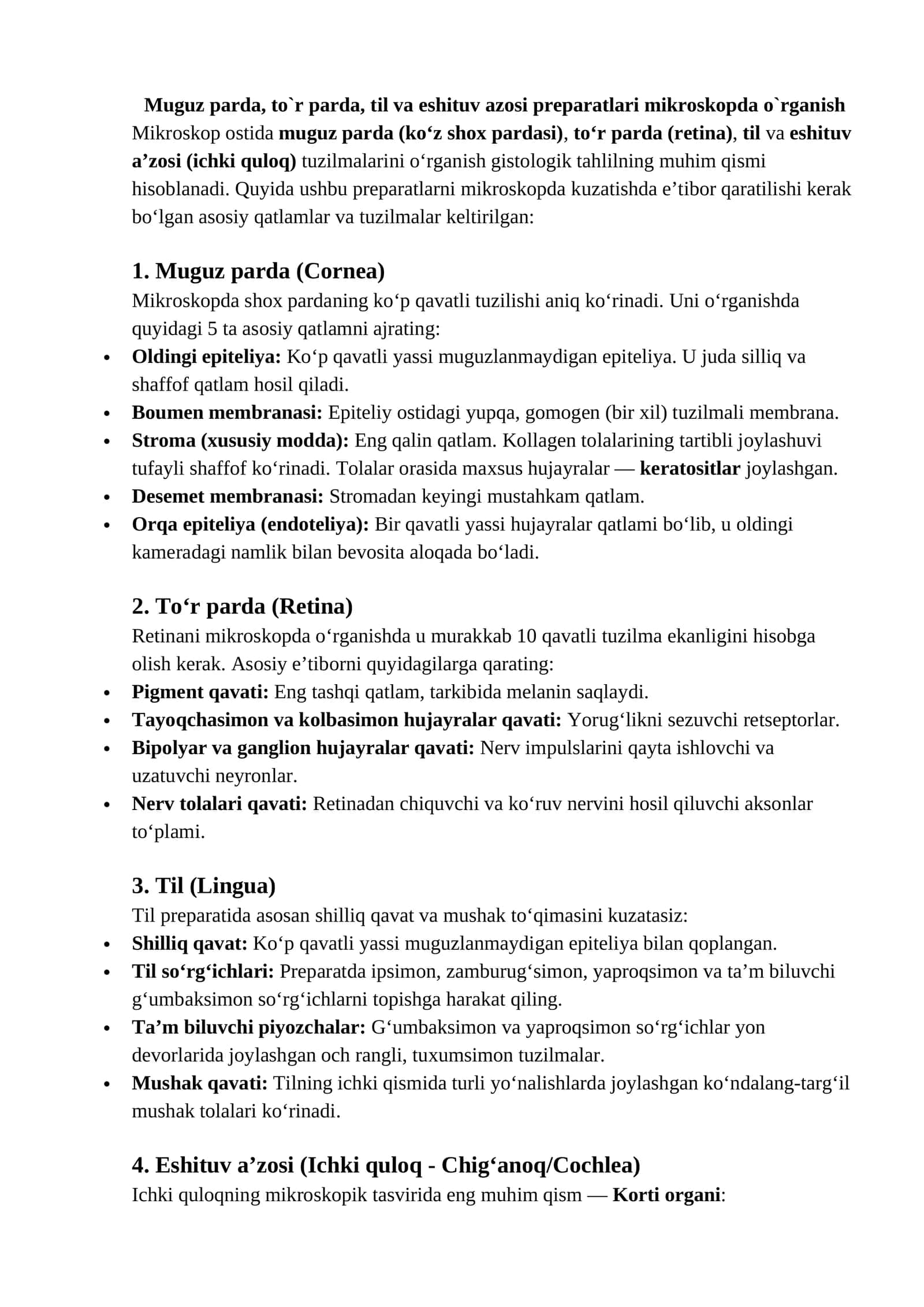 Muguz parda, to`r parda, til va eshituv azosi preparatlari mikroskopda o`rganish 1