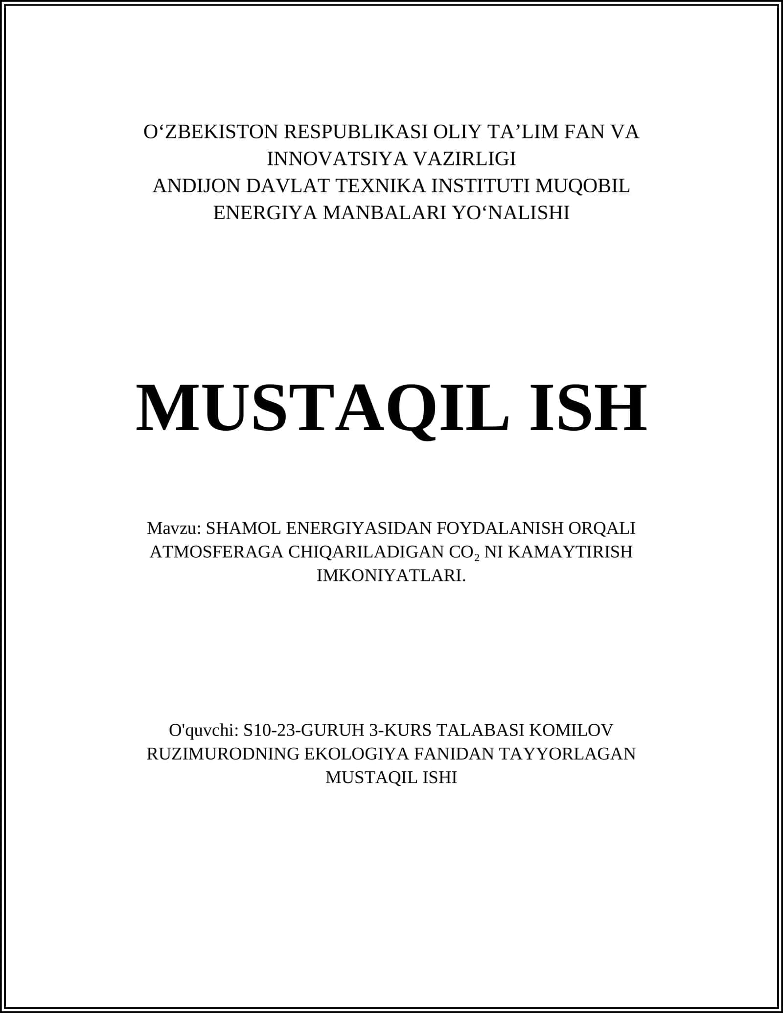 SHAMOL ENERGIYASIDAN FOYDALANISH ORQALI ATMOSFERAGA CHIQARILADIGAN CO₂ NI KAMAYTIRISH IMKONIYATLARI 1
