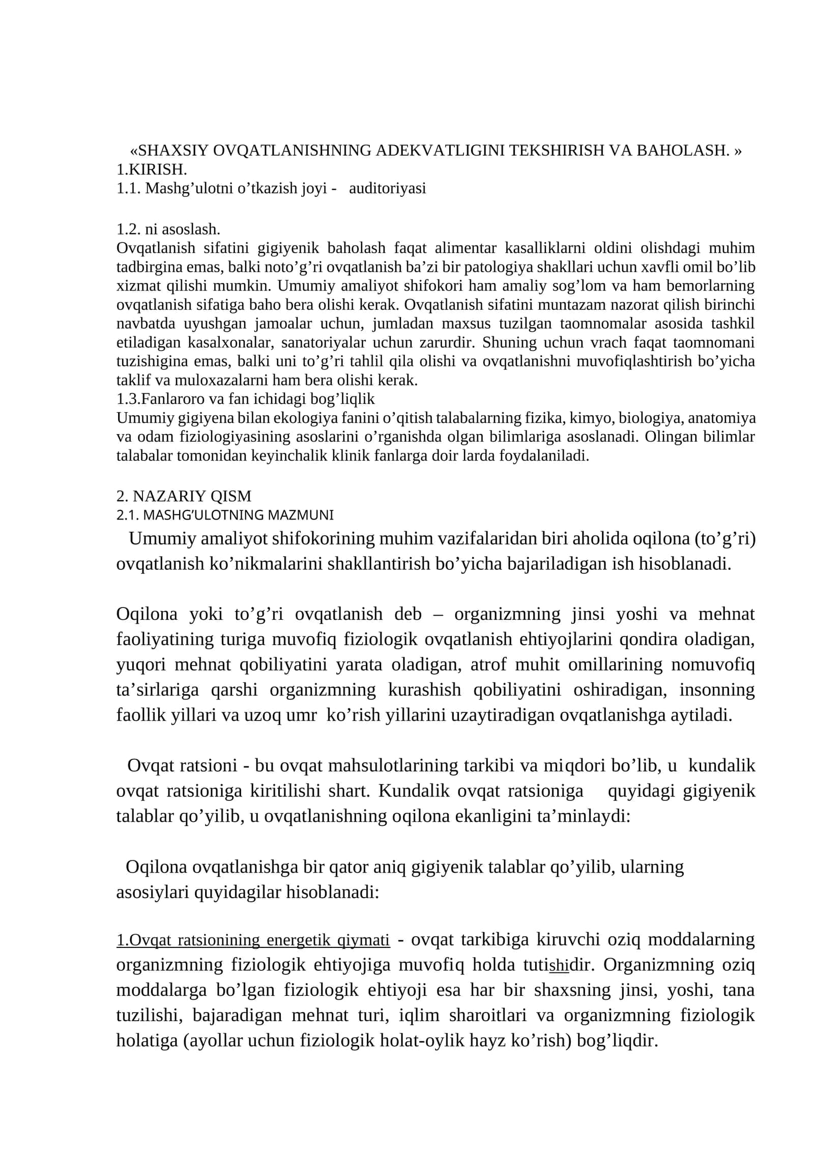 SHAXSIY OVQATLANISHNING ADEKVATLIGINI TEKSHIRISH VA BAHOLASH 1