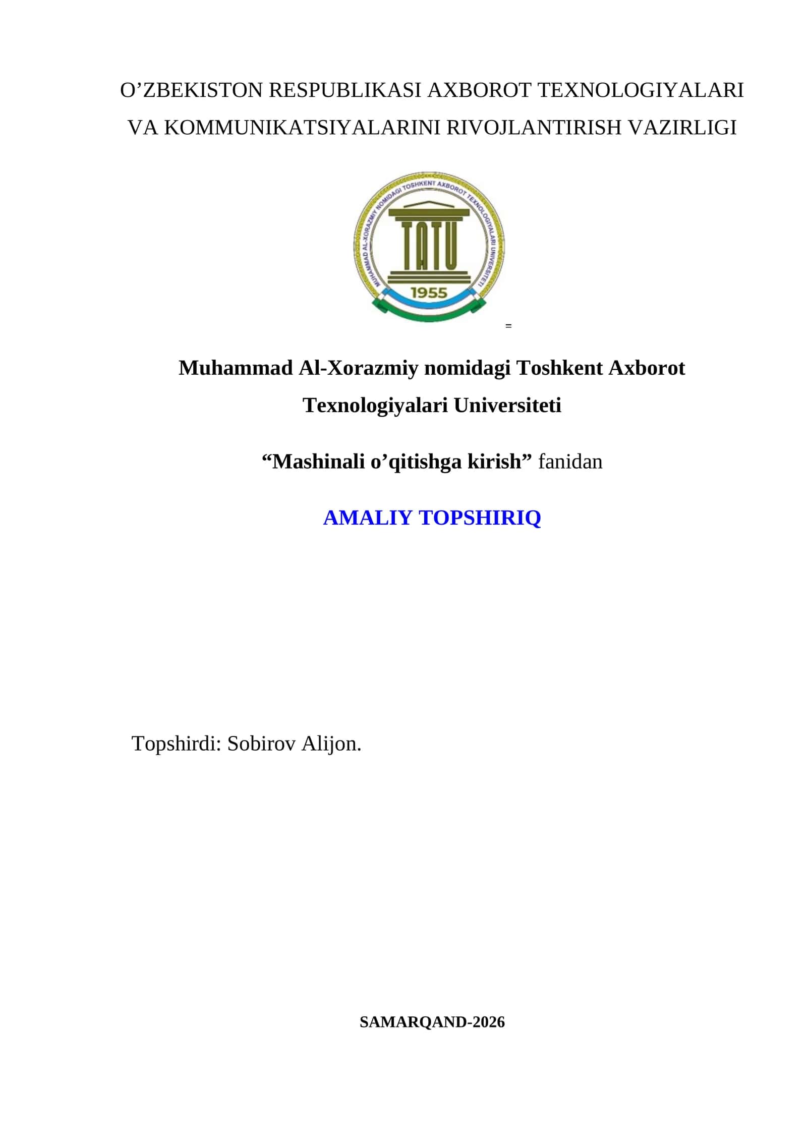 Mashinali o’qitishga kirish 1