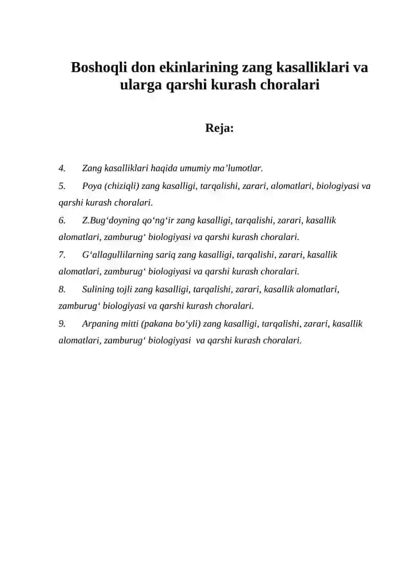Zang kasalliklari va ularga qarshi kurash choralari