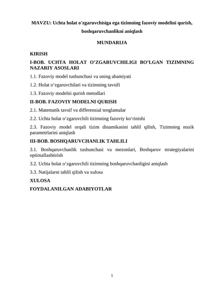 Uchta holat o'zgaruvchisiga ega tizimning fazoviy modelini qurish, boshqaruvchanlikni aniqlash 1
