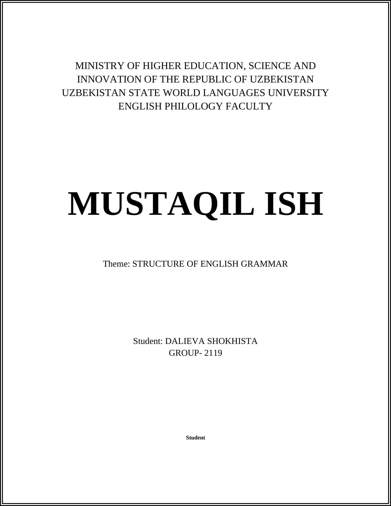 MUSTAQIL ISH: STRUCTURE OF ENGLISH GRAMMAR 1