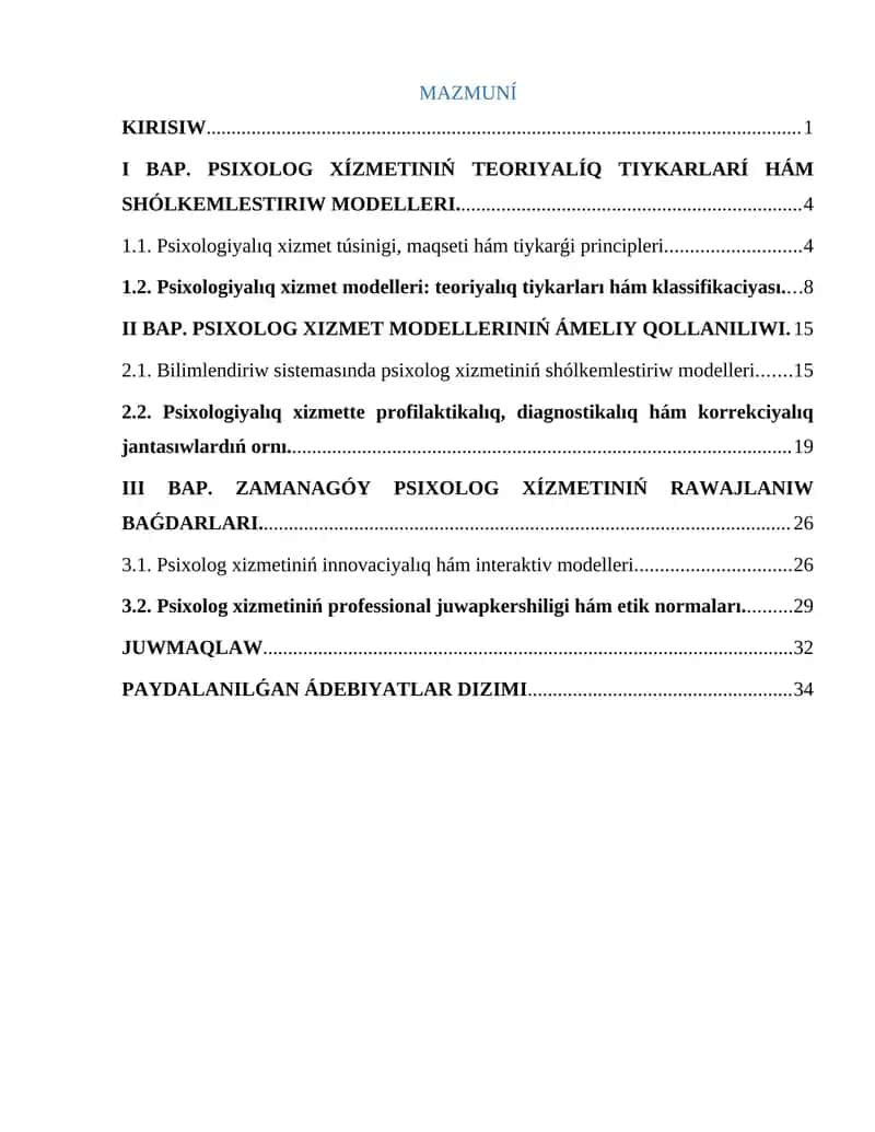 PSIXOLOG XÍZMETINIŃ modelleri 1