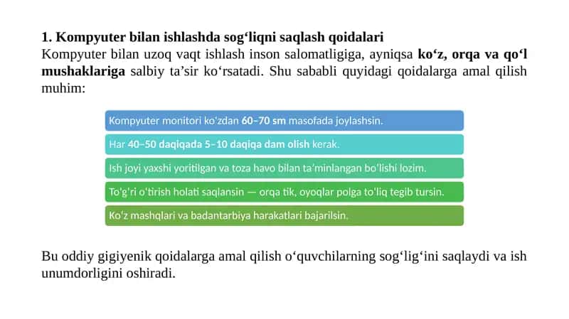 Kompyuter bilan ishlashda sog‘liqni saqlash qoidalari 1