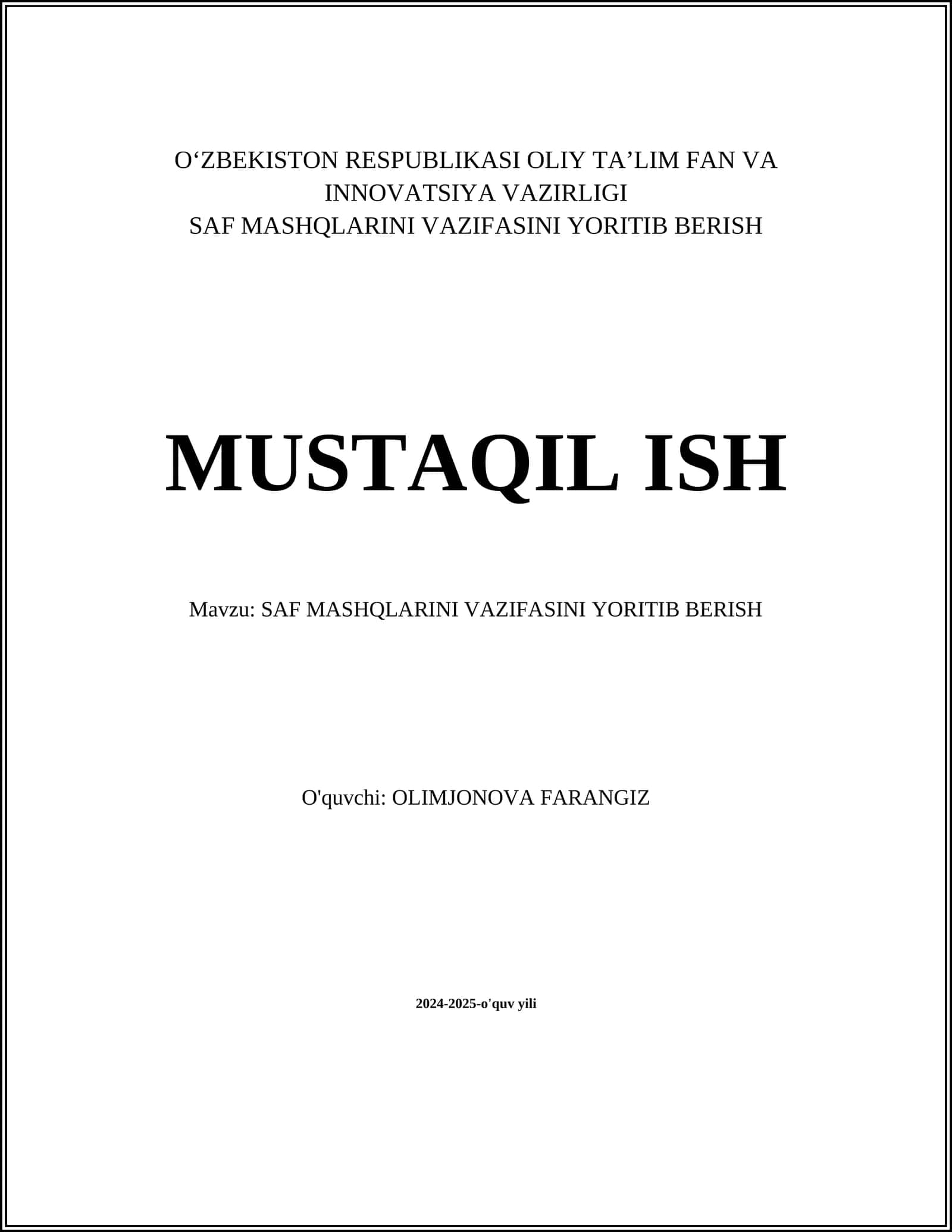 SAF MASHQLARINI VAZIFASINI YORITIB BERISH 1
