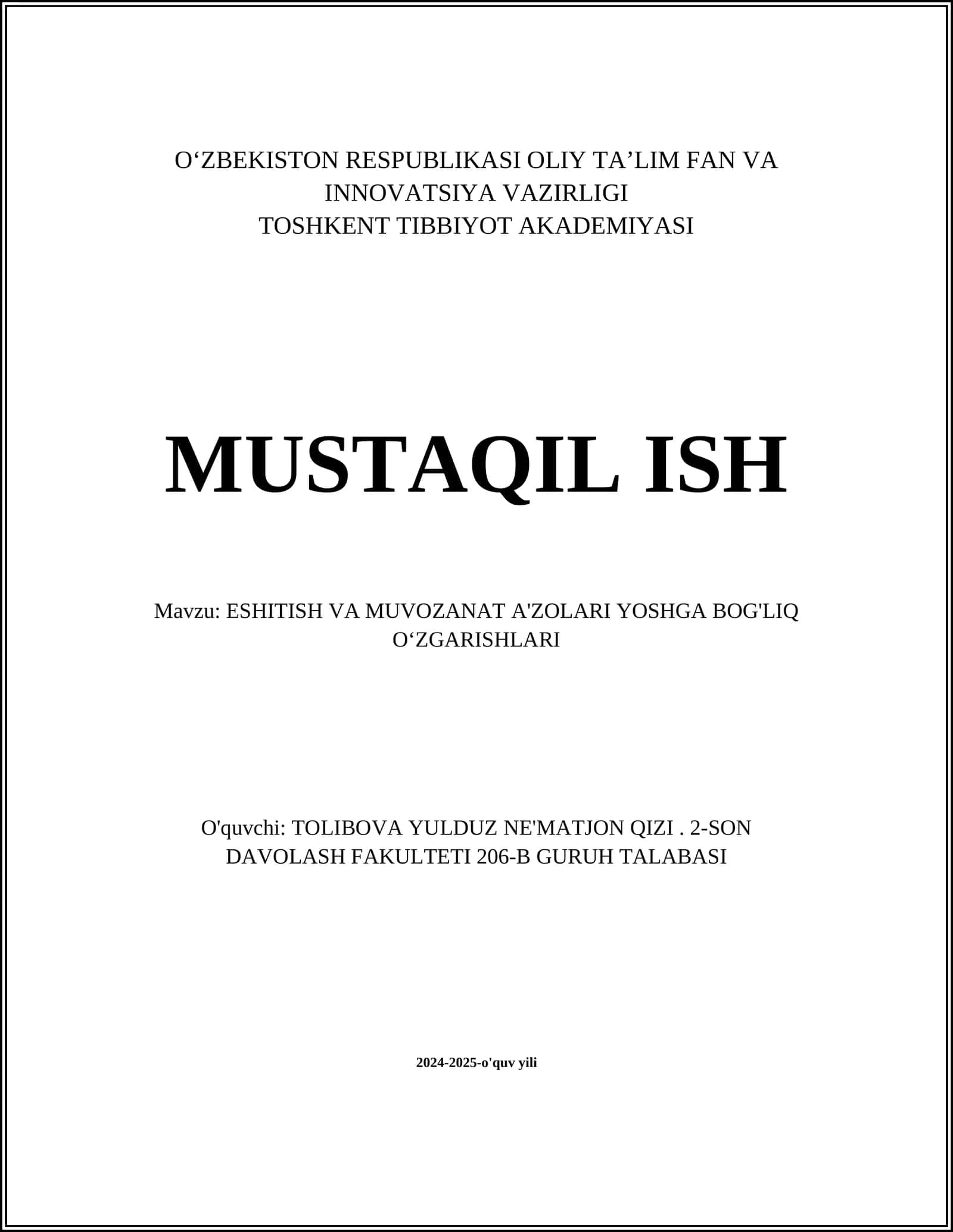 ESHITISH VA MUVOZANAT A'ZOLARI YOSHGA BOG'LIQ O‘ZGARISHLARI 1