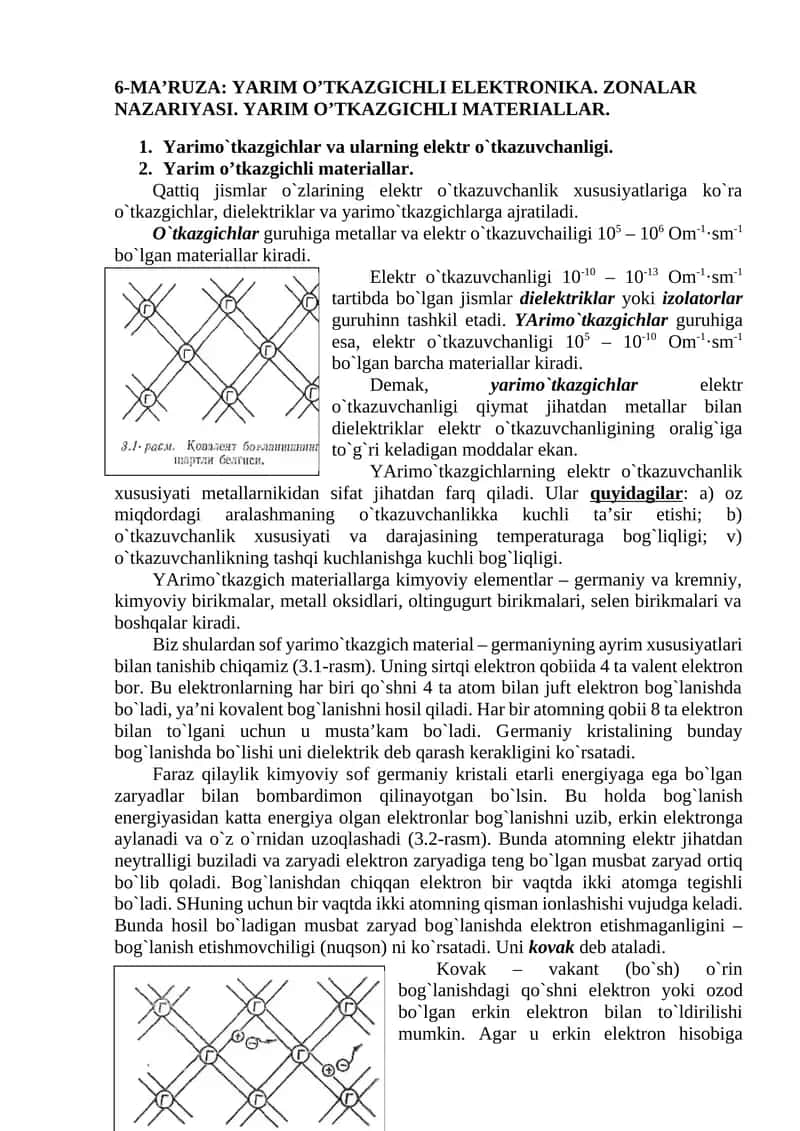 Yarim O'tkazgichli Elektronika. Zonalar Nazariyasi. Yarim O'tkazgichli Materiallar 1