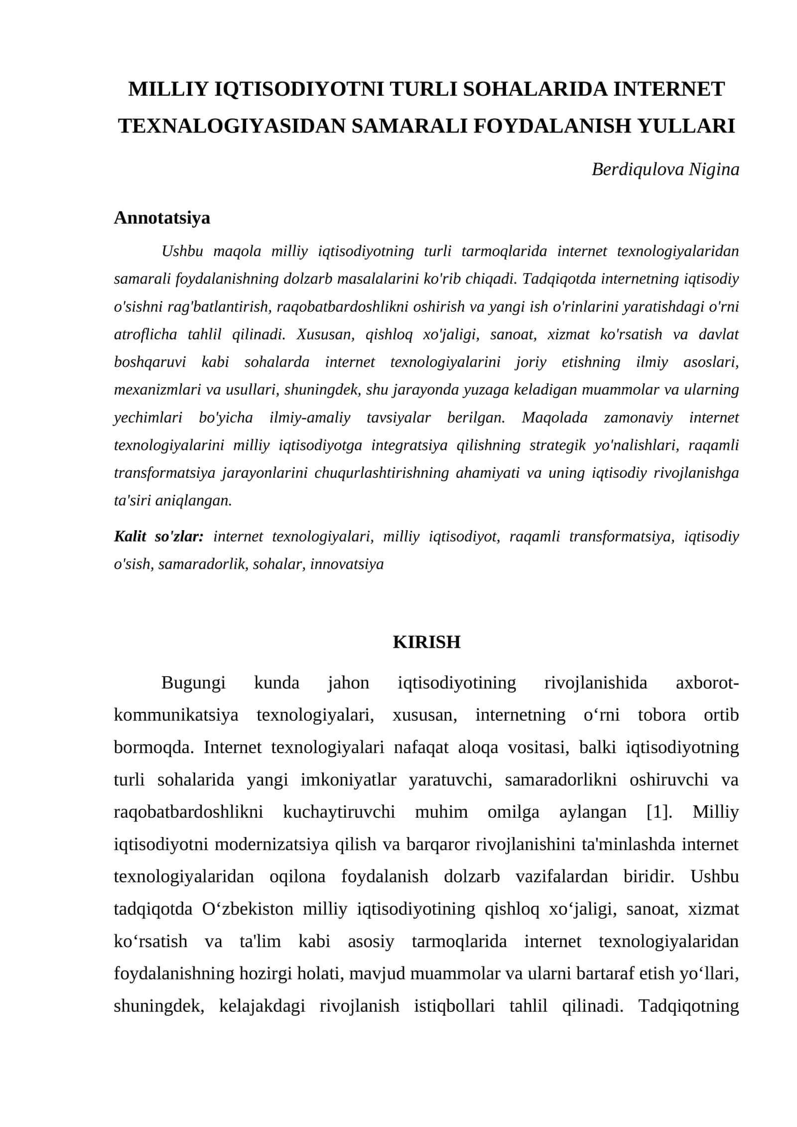 MILLIY IQTISODIYOTNI TURLI SOHALARIDA INTERNET TEXNALOGIYASIDAN SAMARALI FOYDALANISH YULLARI 1
