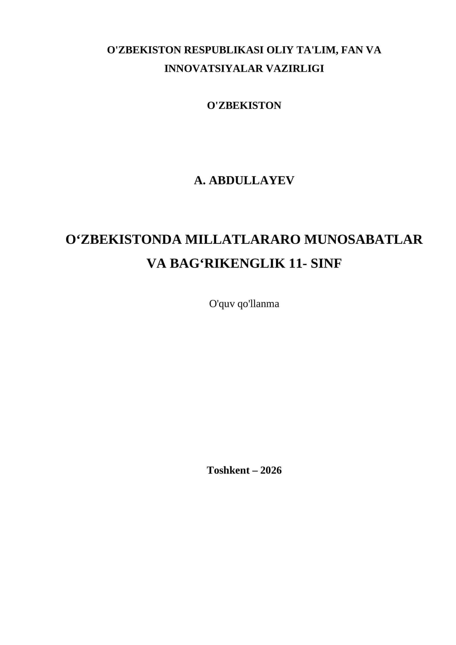 O‘ZBEKISTONDA MILLATLARARO MUNOSABATLAR VA BAG‘RIKENGLIK 11- SINF 1