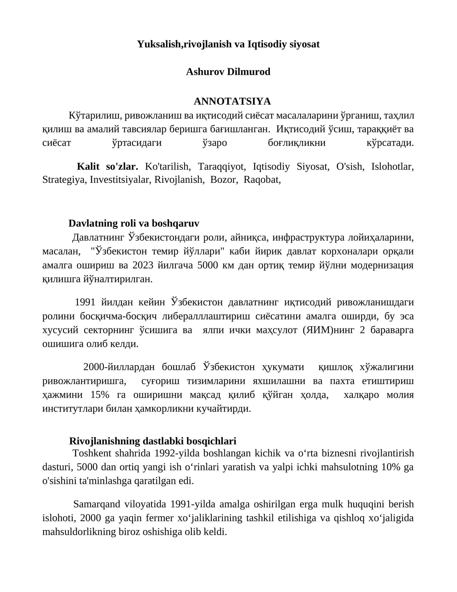 Yuksalish,rivojlanish va Iqtisodiy siyosat 1