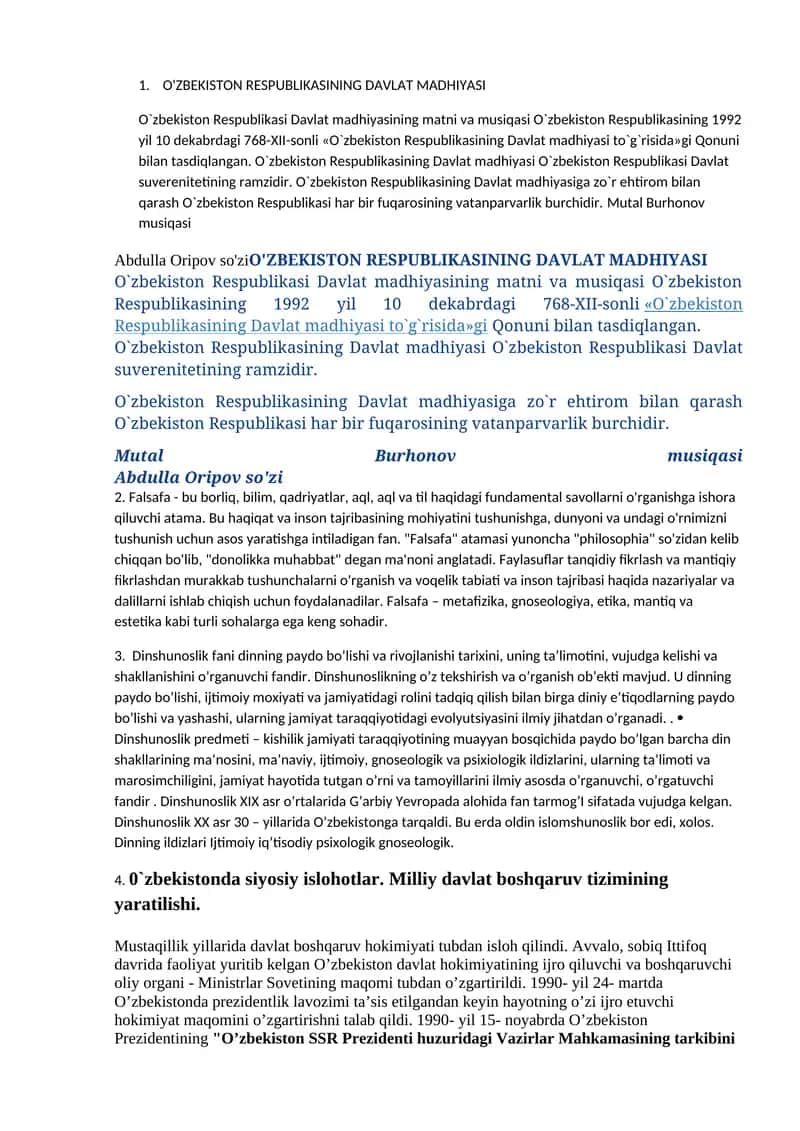 O'ZBEKISTON RESPUBLIKASINING DAVLAT MADHIYASI 1