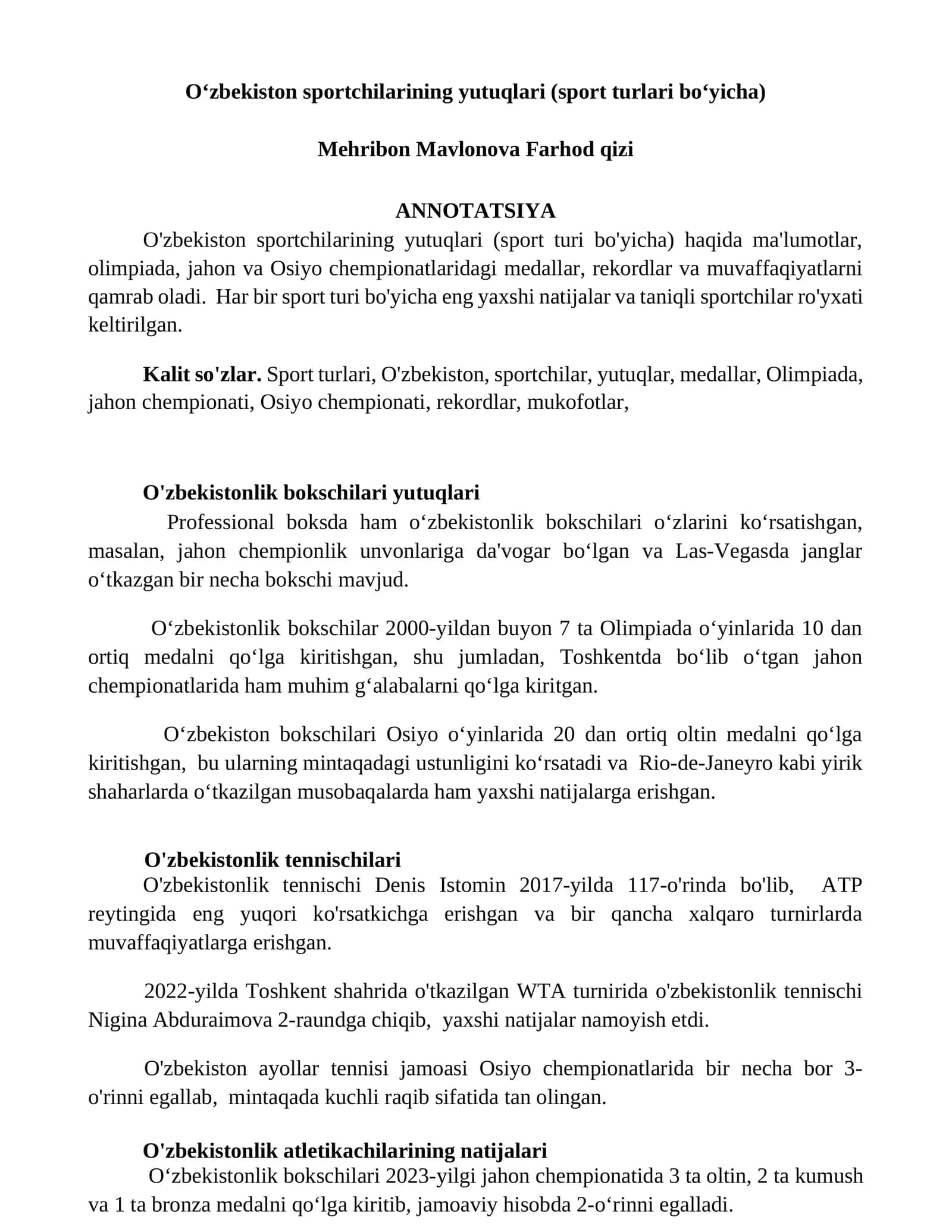 Oʻzbekiston sportchilarining yutuqlari (sport turlari boʻyicha) 1