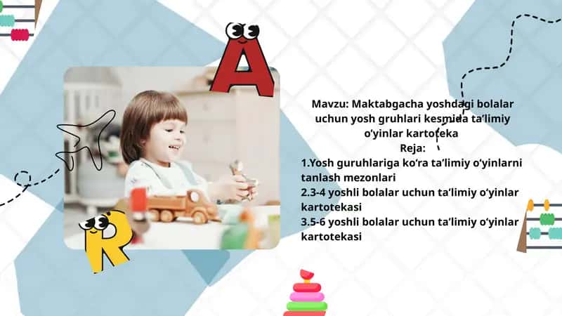 Maktabgacha yoshdagi bolalar uchun yosh gruhlari kesmida ta’limiy o’yinlar kartoteka 1