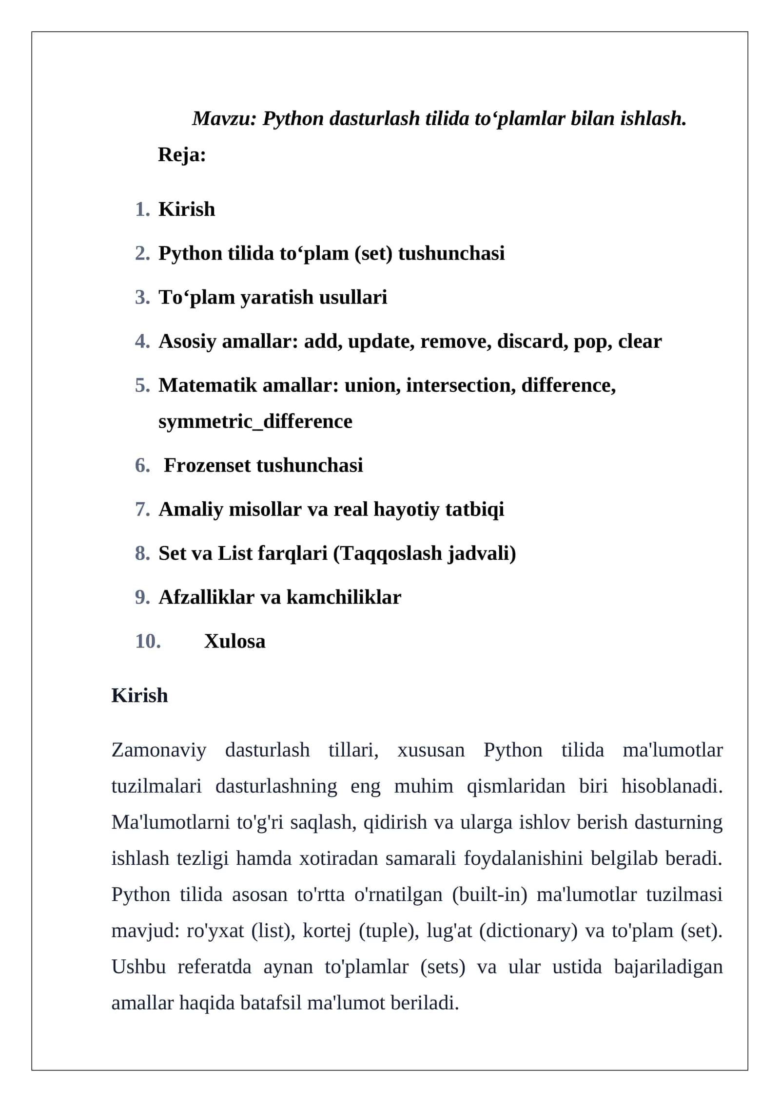 Python dasturlash tilida to‘plamlar bilan ishlash 1