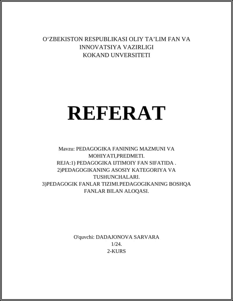 PEDAGOGIKA FANINING MAZMUNI VA MOHIYATI,PREDMETI 1