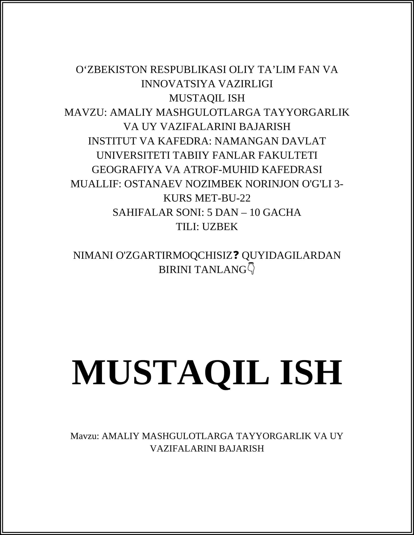 AMALIY MASHGULOTLARGA TAYYORGARLIK VA UY VAZIFALARINI BAJARISH 1
