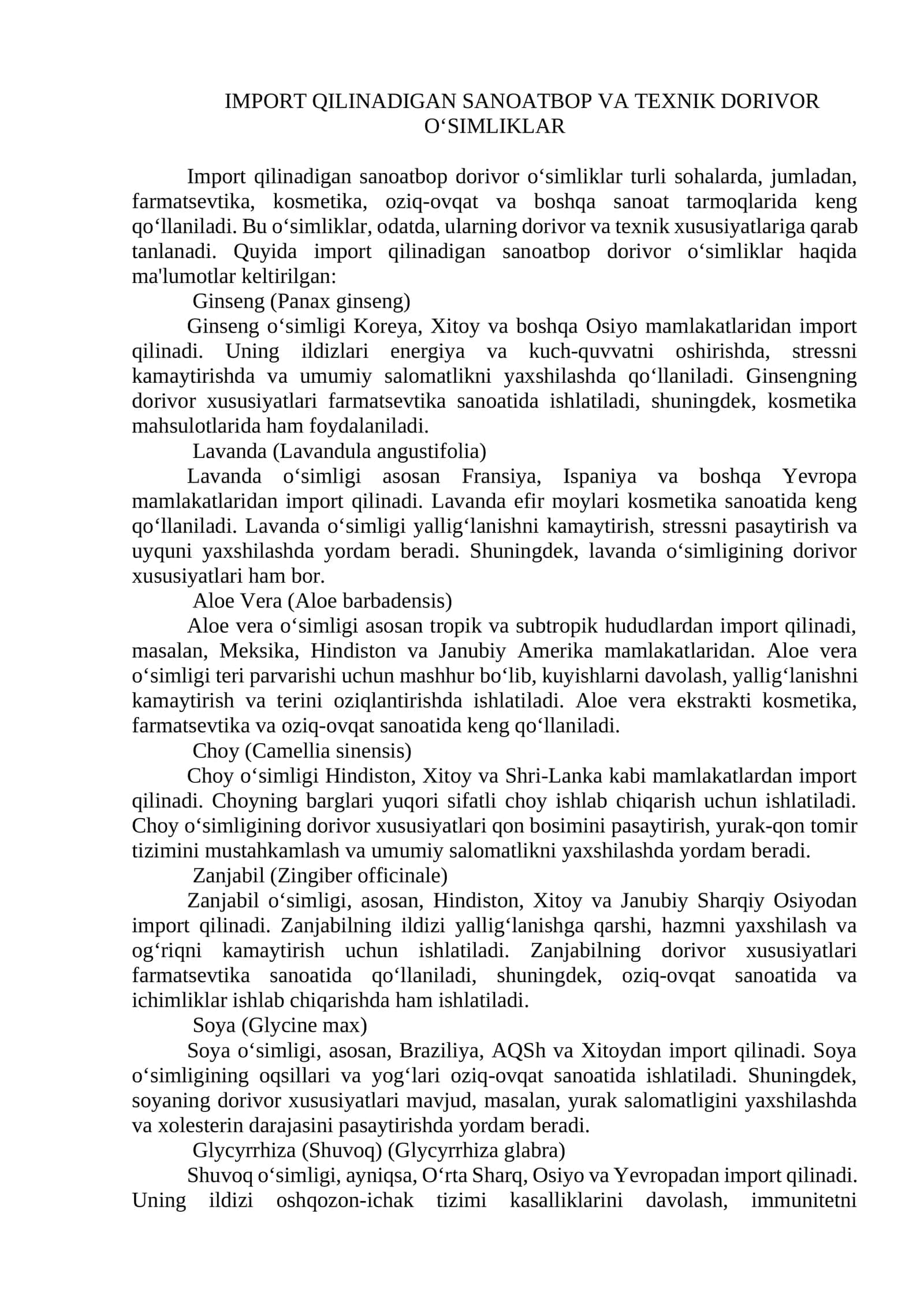 Import qilinadigan sanoatbop va texnik dorivor o‘simliklar 1
